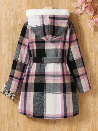 SHEIN Kids Academe Tween Girl Plaid Print Fuzzy Trim Hooded Belted Overcoat Without Sweater