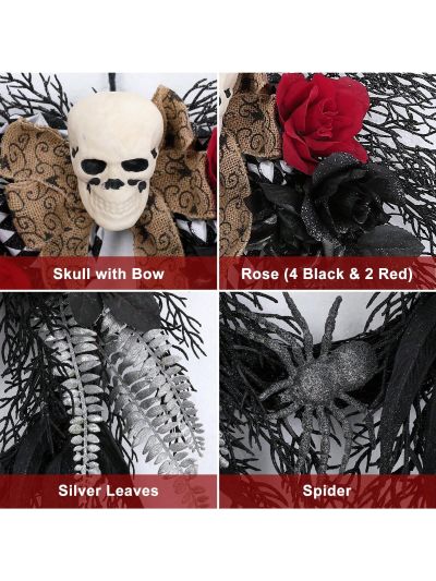 Halloween Wreaths for Front Door 22 Inch Halloween Decorations Halloween Skull Wreath with Dead Branches, Spider, Roses for Indoor Outdoor Home Party Decor