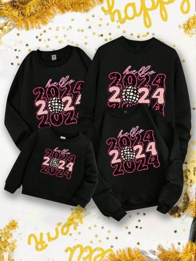 Girls' Casual Fleece Lined Round Neck Sweatshirt With 2024 New Year Print