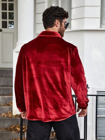 Extended Sizes Men's Plus Size Velvet Long Sleeve Shirt With Pocket