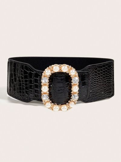 Round Ring Rhinestone Inlaid Stud Beaded Elastic Waist Belt, Versatile Four-season Accessory For Waist