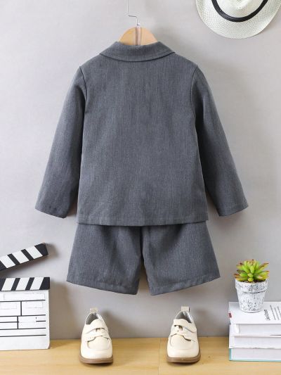 SHEIN Kids FANZEY Young Boy'S Gentleman Dress Set Including Lapel Single Breasted Suit Jacket, Shorts, Letter Printed Short Sleeve T-Shirt