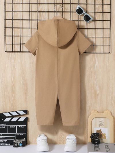 SHEIN Baby Boy's Casual Jumpsuit With Smiling Face Print, Short Sleeve With Hood And Long Pants