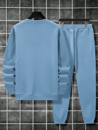 Men's Blue Letter Print Pullover Hoodie And Casual Sports Pants 2pcs/set