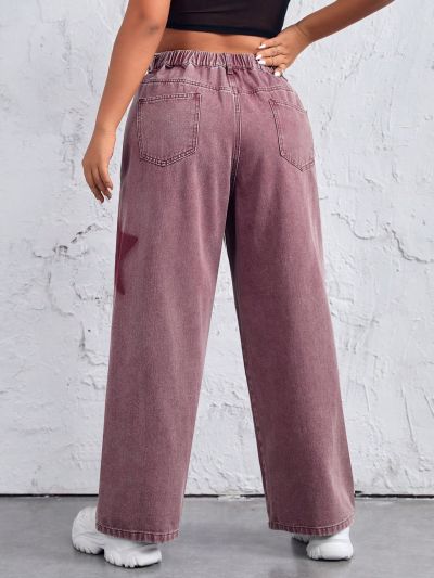 SHEIN ICON Women's Plus Size Straight Leg Jeans With Star Pattern