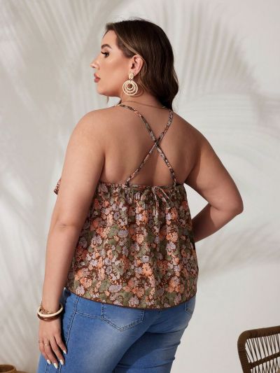 SHEIN VCAY Plus Size Women's Floral Printed Ruffle Hem Cami Top