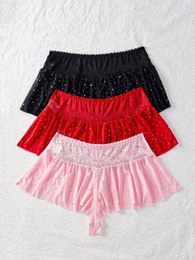 3pcs Plus Size Lace Trimmed Panties With Rhinestone Decoration