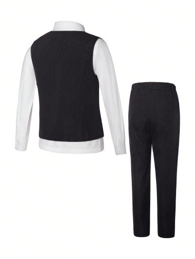 SHEIN 1set Tween Boys' Single Breasted Vest Suit Jacket And Pants Set Gentlemen Dress