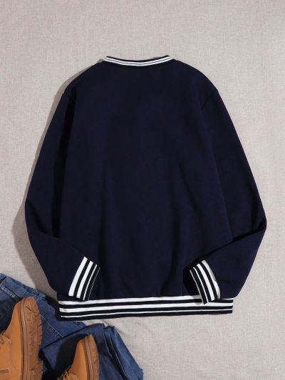 Teen Girls' Letter Printed Striped Collar And Cuffs Sweatshirt