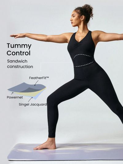 GLOWMODE 30" FeatherFit™ Contour Cross Strap Tummy Control Jumpsuit Light Support Low Impact Yoga Studio