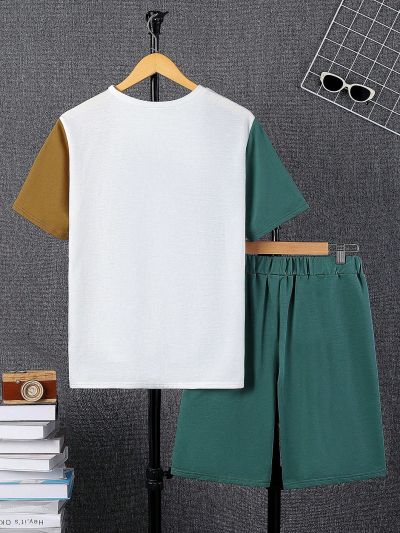 SHEIN Teen Boy 2pcs/Set Casual Comfortable Color Block Short Sleeve Top & Solid Color Shorts