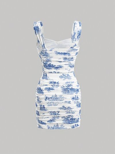 SHEIN MOD Flower Pattern Wide Shoulder Strap Top And Skirt Set