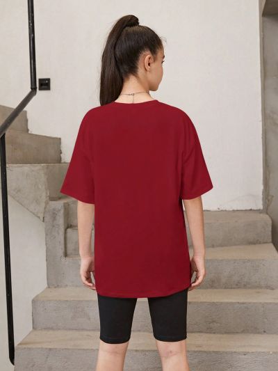 SHEIN Teen Girl Letter Printed Round Neck T-Shirt And Basic Shorts Set