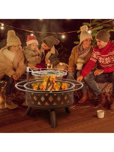 30 inch Round Fire Pit Outdoor Metal Fire with Quick Removable Cooking Grill Bowl Wood Burning BBQ Grill Patio Backyard Camping