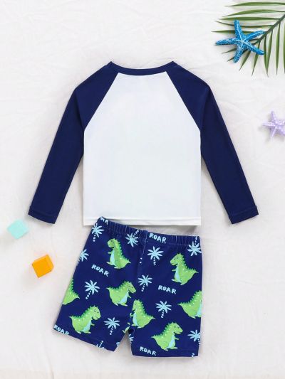 SHEIN Baby Boy Leisure Cute Cartoon Pattern Color Block Long Sleeve Short Pants Swimwear Set