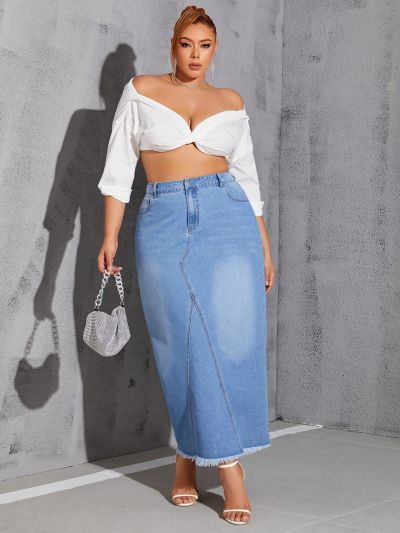 SHEIN SXY Women's Plus Size Raw Edge Straight Denim Skirt