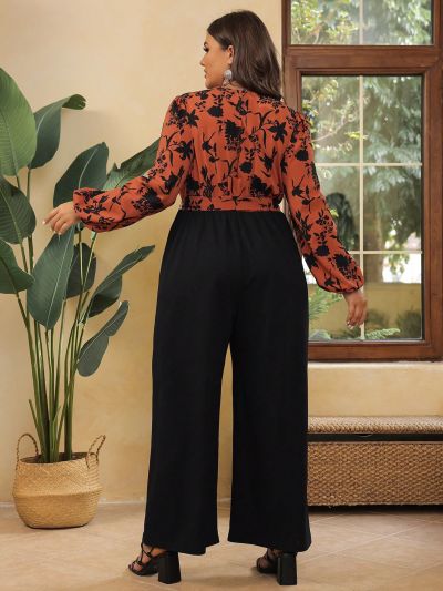 SHEIN VCAY Plus Size Women'S Floral Printed Wide Leg Jumpsuit