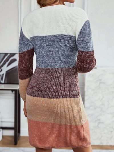 SHEIN LUNE Women's Round Neck Contrast Color Ribbed Knitted Sweater Dress