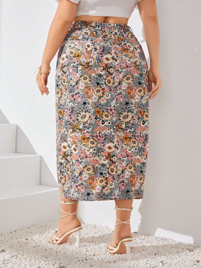 SHEIN LUNE Plus Size Floral Print Front Split Denim Skirt