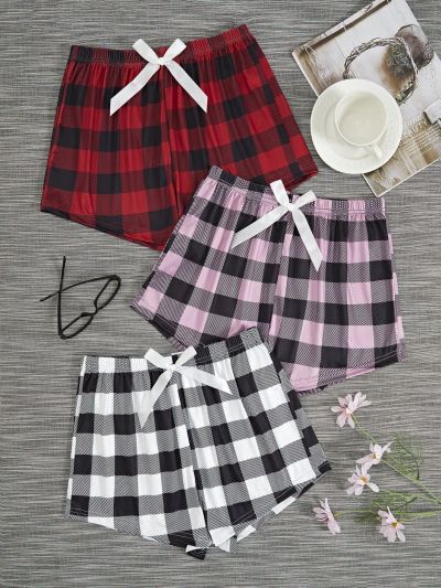 3pcs/Set Plaid Print Pajama Pants With Bowknot Decorations