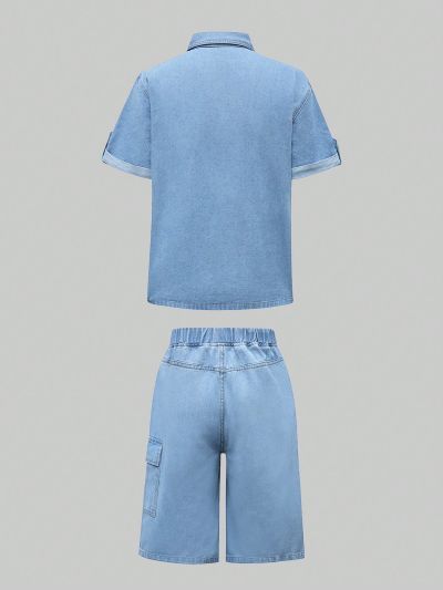 Teen Boys' Casual Street Style Light Blue Wash Flap Pocket Rolled Hem Denim Shirt & Elastic Waist Comfortable Utility Denim Shorts Set