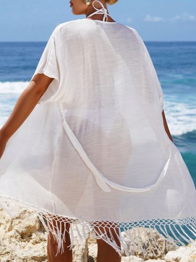 SHEIN Swim BohoFeel 1pc Women's Fringe Decorated Obi Belt Kimono