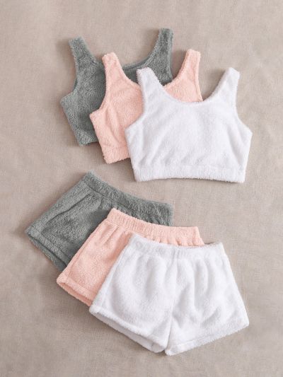 6pcs Solid Flannel Tank Top & Shorts Lounge Set
