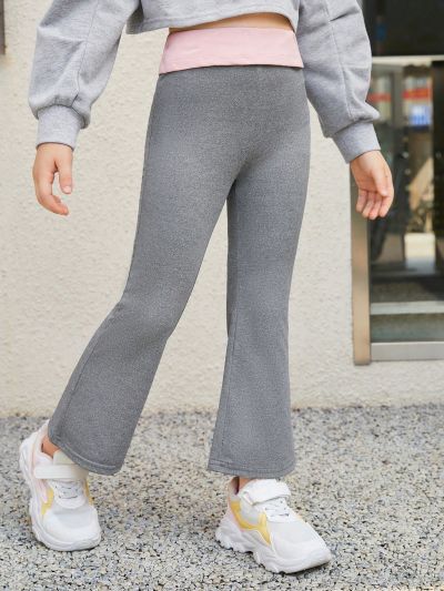 SHEIN Kids Y2Kool Toddler Girls' Fashionable Sweetheart Knit Solid Color Bell Bottom Pants