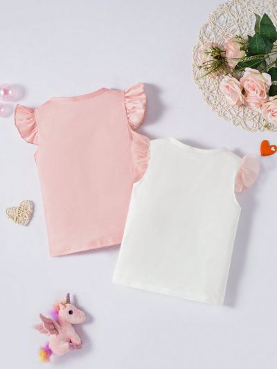 SHEIN Kids EVRYDAY Young Girls' Lovely Unicorn Flying Sleeve Two Piece T-Shirt, Summer