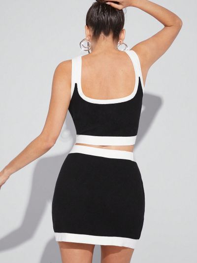 Luxe Women'S Color Contrast Knitted Top And Skirt Set