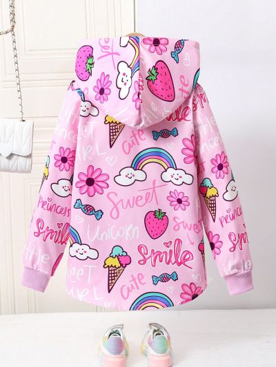 SHEIN Kids EVRYDAY Girls' (big) Cartoon Pattern Hooded Jacket