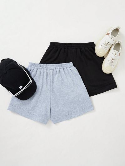 SHEIN Kids KDOMO 2pcs/set Elastic Waist Wide Leg Shorts With Pocket For Tween Girls