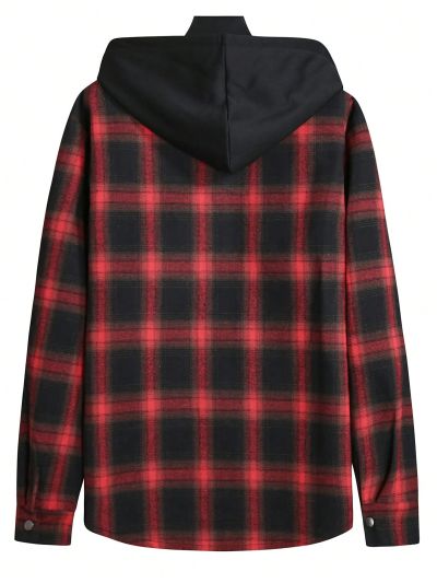 Manfinity Sporsity Men Plaid Print Flap Pocket Drawstring Hooded Shirt