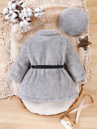 Baby Girls' Lapel Collar Belted Fuzzy Coat With Hat