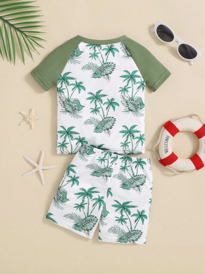 SHEIN Baby Boy'S Casual Coconut Tree & Dinosaur Print Colorblock Raglan Sleeve Pullover With Shorts/Swimwear Set