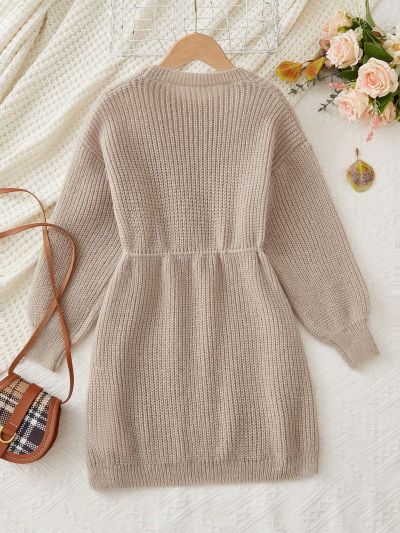 Young Girl Solid Color Long Sleeve Sweater Dress