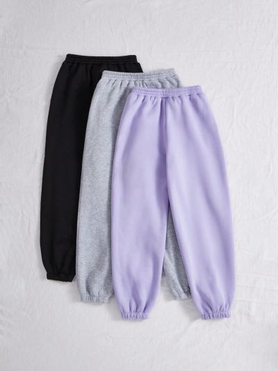 SHEIN Kids EVRYDAY Tween Girls Knitted Solid Color Loose Fit Tapered Jogger Pants Set With Letter Print, 3pcs