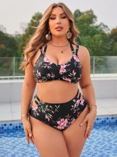 SHEIN Swim Classy Plus Size Floral Print Swimwear With Hollow Out Design