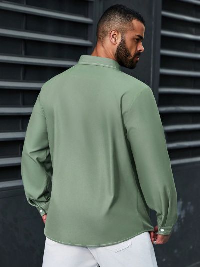 Manfinity Mode Men'S Plus Size Solid Color Button Front Long Sleeve Shirt