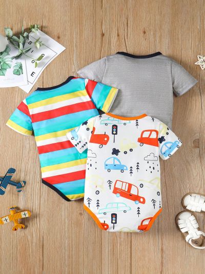 Baby Boys' Cartoon Printed Short Sleeve Romper With Round Neckline