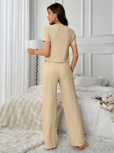 Color Blocking Bowknot Decor Textured Fabric Homewear Set