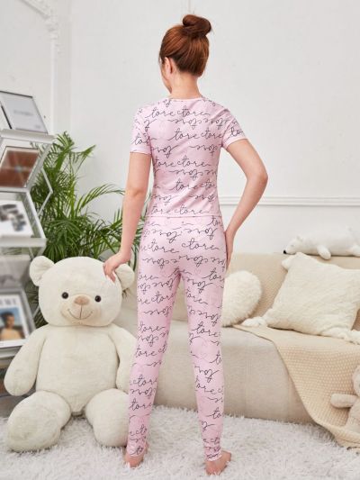 SHEIN Teenage Girls' Knitted Solid Color Heart & English Letter Patterned Tight-Fitting Homewear Set With T-Shirt And Pants