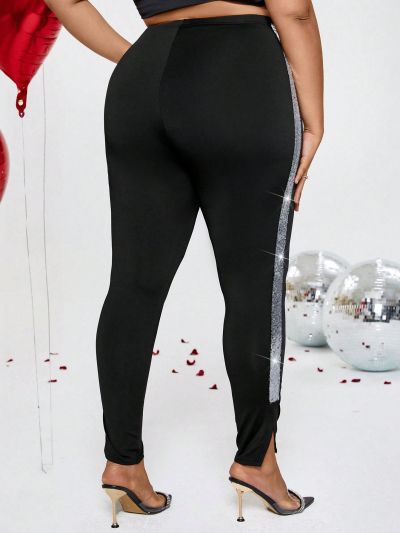 SHEIN Privé Women's Plus Size Sequined Patchwork Leggings With Side Slit