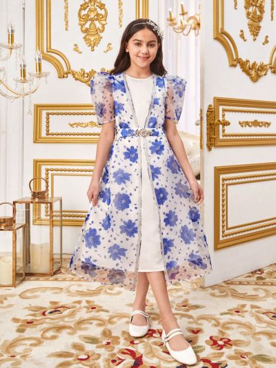 SHEIN Kids Nujoom 2pcs/Set Tween Girls' Loose Cute Floral Pattern Puff Sleeve Jacket And Dress Outfit