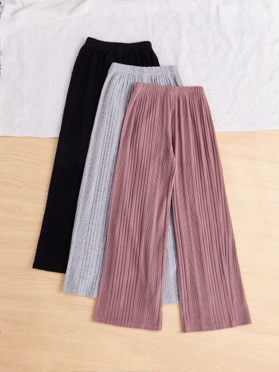 SHEIN Kids Nujoom Tween Girls Loose Knitted Wide Leg Multi-Piece Pants Trousers