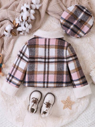Young Girl Plaid Print Borg Collar Flap Pocket Overcoat With Hat