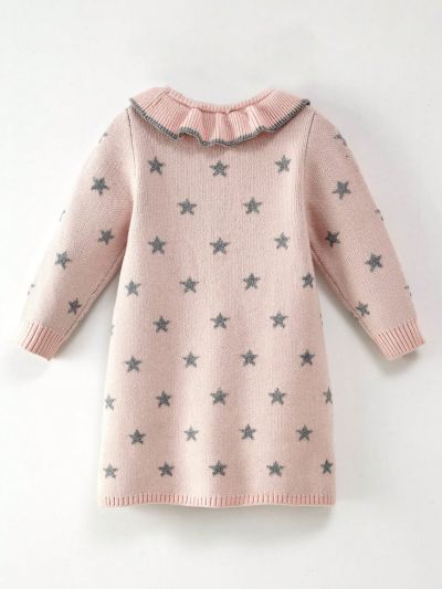 Young Girl Star Pattern Ruffle Trim Sweater Dress