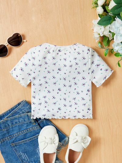 SHEIN Kids Cooltwn Young Girls' Casual Short Sleeve Floral Print T-Shirt
