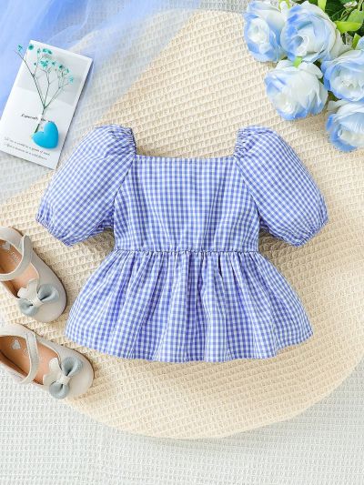 SHEIN Baby Girl'S Plaid Bubble Sleeve Country-Style Casual Cute Top