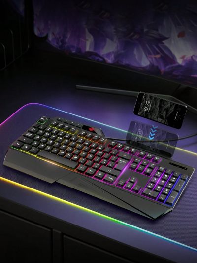 HAVIT KB488L Multi-Function Gaming Keyboard with Mobile Phone Bracket, 108 Keys Rainbow LED Backlit Computer Keyboard, Wired Mechanical Feeling For Working or Primer Gaming, Office Device